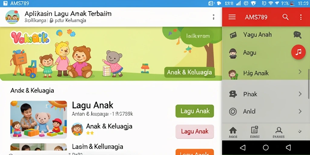 Antarmuka aplikasi AMS789 dengan beragam lagu anak.