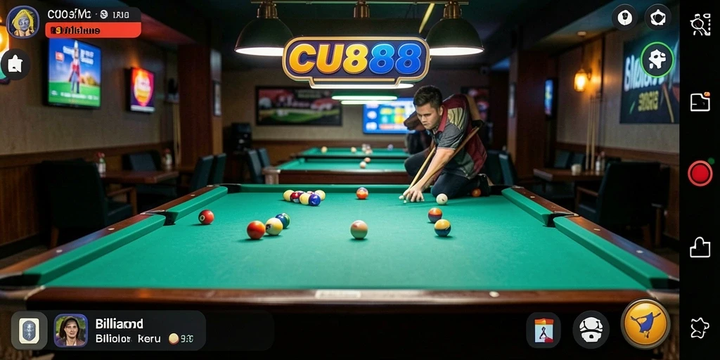 Tampilan antarmuka CU888 dengan meja billiard yang menarik dan fitur kontrol intuitif.